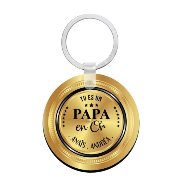Porte clé à personnaliser avec prénoms papa en or